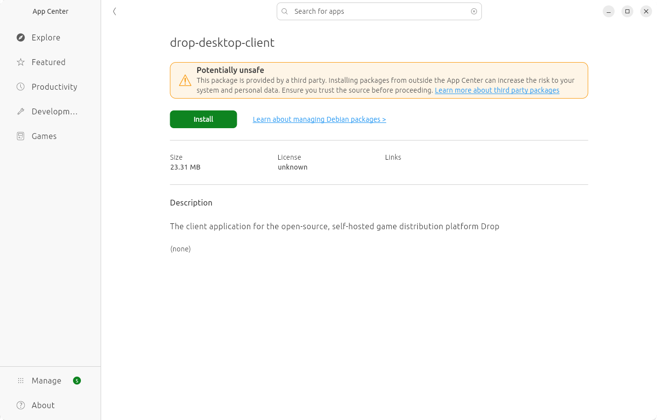 Installing drop-app on the Ubuntu App Center